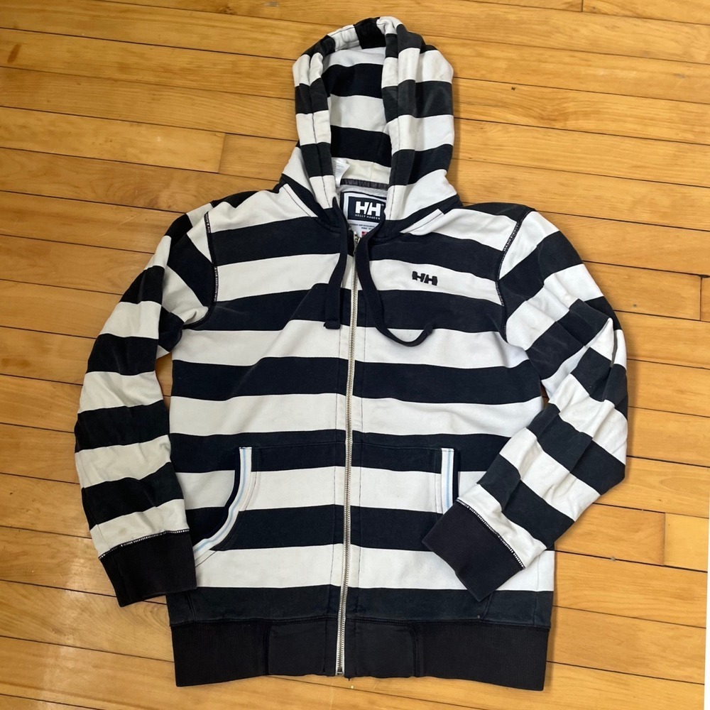 Helly Hansen Mens Striped Full Zip Hoodie Black White Cotton Sweatshirt Size M